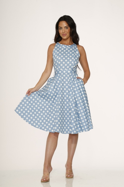 21922 Light Blue White Polka Dot Swing Dress