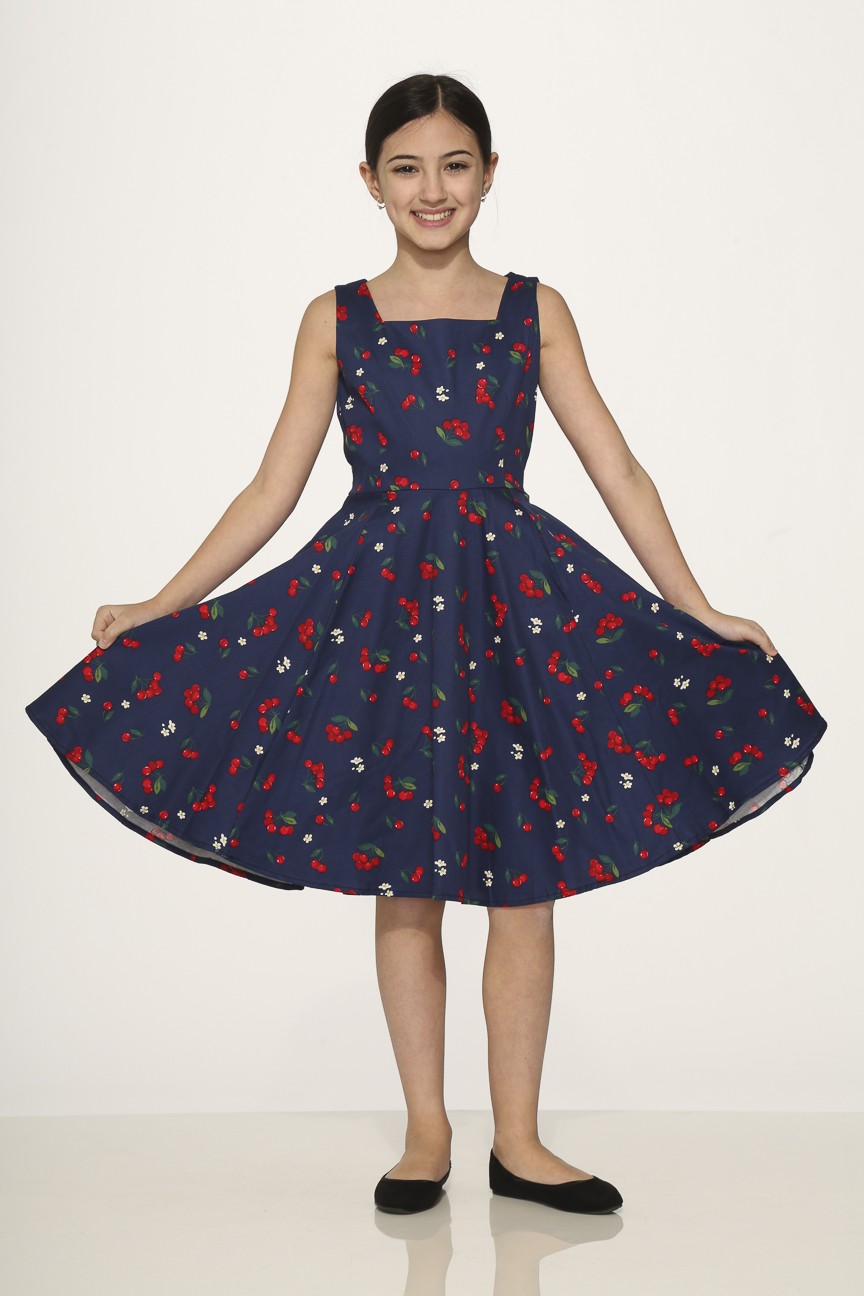 4085 Navy Red Small Cherry Dress 9-10 Yrs on Model - Orchid Bloom